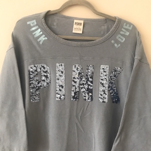 Pink Victoria’s Secret Blue Sequins Logo 3/4 Sleeve Shirt - Picture 4 of 9